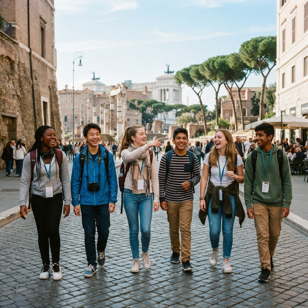 International students exploring a city abroad together